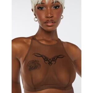 Savage X Fenty Tattooed Tricot Knit High Neck Bra Brown Sugar 32C Soto Girl
